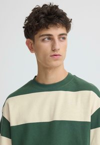 Sweat-shirt à rayures vertes et crème, doté d'un col rond et d'une texture douce, avec de larges rayures horizontales sur le tissu.