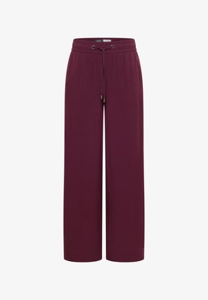 Pantaloni bordeaux a gamba larga con vita elasticizzata e coulisse regolabile, realizzati in tessuto liscio, adatti per abbigliamento casual o da casa.