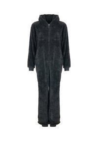 Combinaison une pièce noire en peluche avec capuche, fermeture éclair à l'avant, manches longues et poignets côtes aux manches et aux chevilles.