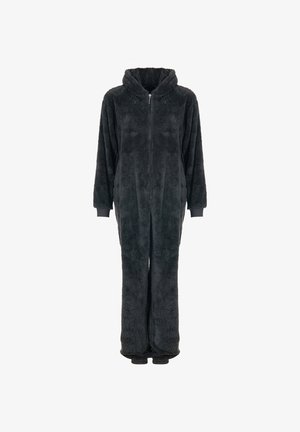 Black fuzzy one-piece jumpsuit with hood, front zipper, long sleeves, and ribbed cuffs on sleeves and ankles.