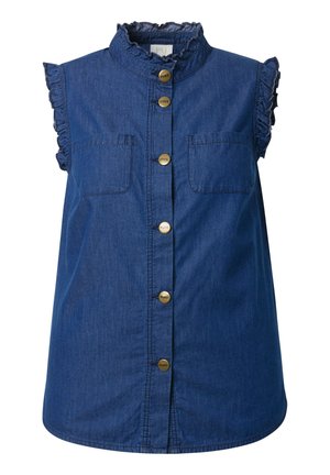 Mouwloze blauwe denimblouse met gerimpelde kraag en armsgaten, voorsprietzakken en zes gouden knopen in het midden.