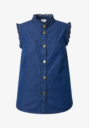 Blouse en denim bleu sans manches avec col volanté et emmanchures, poches avant et six boutons dorés au centre.