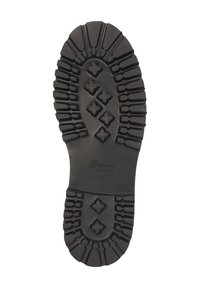 Semelle de chaussure en caoutchouc noir avec des stries profondes, arborant un motif en diamant et un logo. La surface texturée offre adhérence et durabilité.