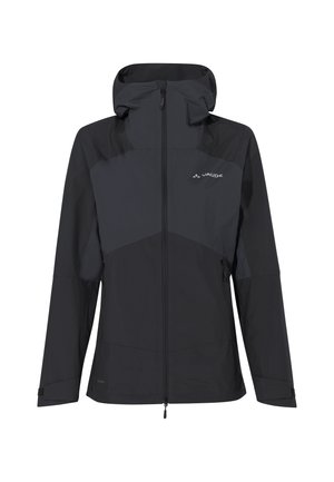 Zwart waterafstotend herenjack met capuchon, voorzien van een geometrisch kleurblokontwerp, een frontale rits en verstelbare manchetten.