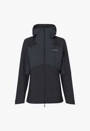 Zwart waterafstotend herenjack met capuchon, voorzien van een geometrisch kleurblokontwerp, een frontale rits en verstelbare manchetten.