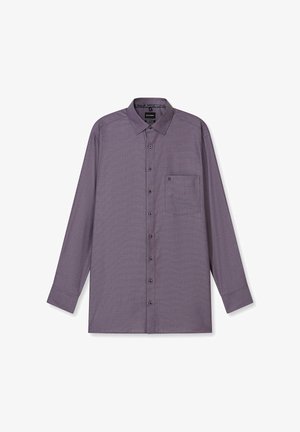 Langärmliges, knöpfbares Hemd aus strukturiertem Lavendelfabric. Klassischer Kragen, eine Brusttasche und gleichmäßig verteilte Knöpfe.