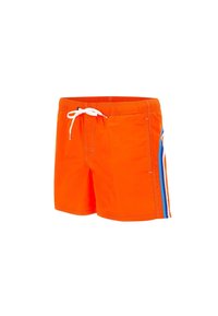 Felle oranje zwembroek met een gestructureerde oppervlakte, elastische tailleband en witte trekkoord. Kenmerkend zijn de blauwe en witte zijkanten.