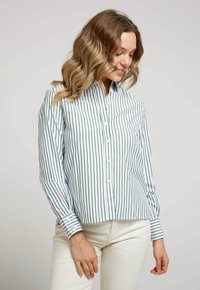 Chemise blanche à rayures verticales vertes, à boutons sur le devant, avec col et manches longues ; associée à un pantalon de couleur claire. Texture du tissu lisse.