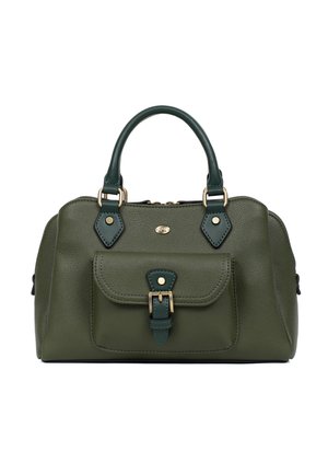 Torba na ramię z oliwkowej skóry z ciemnozielonymi uchwytami, przednia kieszeń z klamrą oraz złote okucia na białym tle.