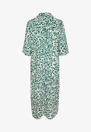 Robe blanche mi-longue aux genoux avec manches courtes et motif floral vert, dotée d'un col et d'une coupe ample.