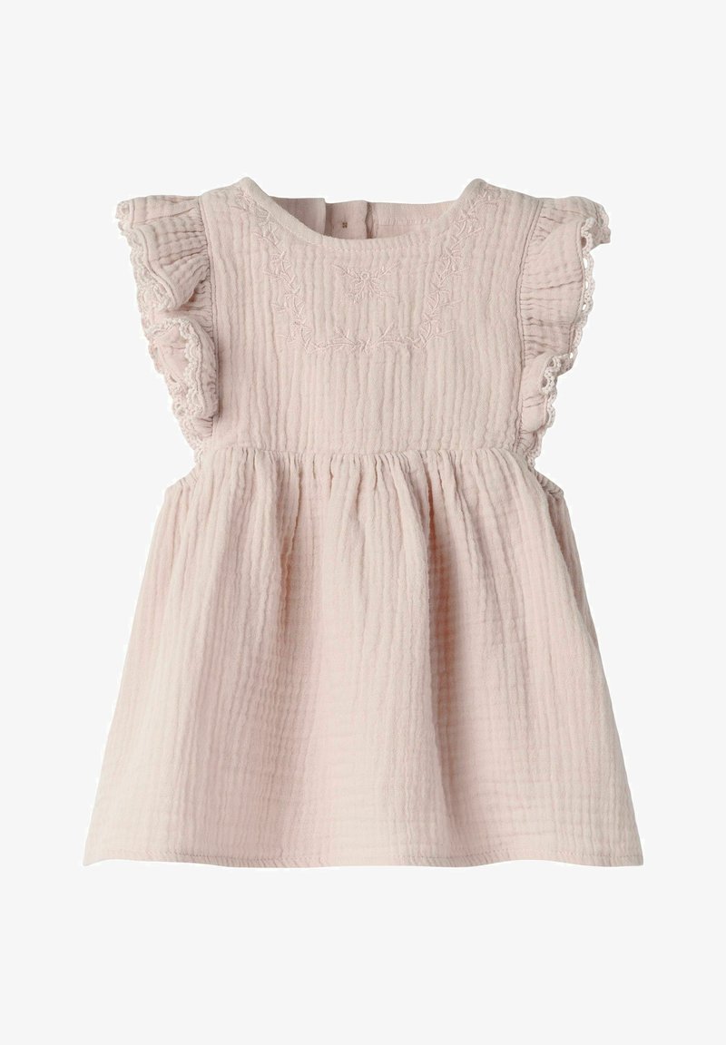 Φωτεινό ροζ βαμβακερό βρεφικό φόρεμα με ανάγλυφη υφή, με φουσκωτά μανίκια και απαλή κεντητική στη λαιμόκοψη, με στρογγυλή λαιμόκοψη και σούρα φούστα.