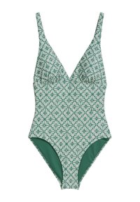 Bañador de una pieza en verde con un patrón floral blanco, escote en V profundo, tirantes anchos y forro sólido verde contrasta en los lados.