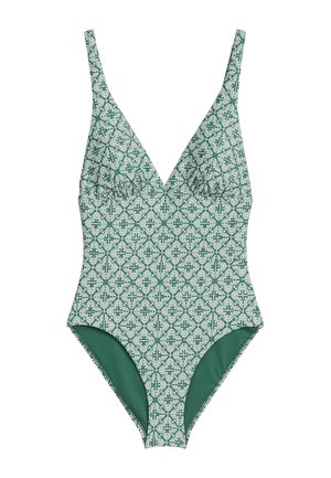 One-piece swimsuit in green with a floral white pattern, deep V-neck, wide straps, and contrasting solid green lining on the sides.