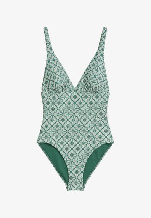Bañador de una pieza en verde con un patrón floral blanco, escote en V profundo, tirantes anchos y forro sólido verde contrasta en los lados.