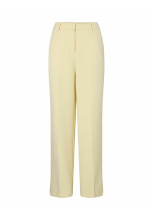 Lys gule høytlivs bukser med rette ben, beltehemper og frontglidelås.