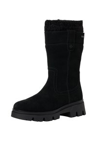 Musta samettinen polvipitkä saapas, jossa on teksturoitu neulottu kaulus, koristeompeleet ja kestävä kumipohja, jossa on voimakkaasti uritettu pinta.