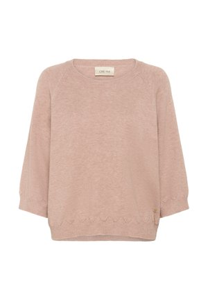 Maglione lavorato a maglia di colore rosa chiaro, con scollo rotondo, maniche a tre quarti e orlo increspato. Etichetta del marchio visibile al collo.