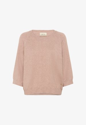 Svijetloružičasti pleteni pulover s okruglim izrezom, rukavima do tri četvrtine i obrubom s valovitim detaljima. Oznaka branda vidljiva na vratu.