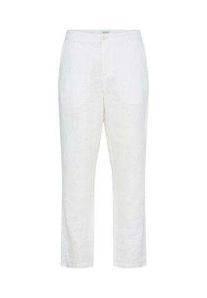 Hvite, uformelle, rette bukser med forlommer, knappe- og glidelåslukking, laget av lett stoff.