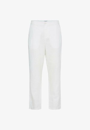 Pantalon décontracté blanc à jambes droites avec poches avant, fermeture par bouton et fermeture éclair, fabriqué en tissu léger.