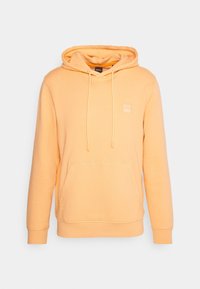 Sweat à capuche en mélange de coton orange vif avec une poche kangourou à l'avant, des cordons ajustables et un patch logo carré sur la poitrine.