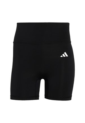 Crne sportske kratke hlače od glatkog, rastezljivog materijala s visokim strukom. Na lijevoj strani nalazi se mali bijeli logo.