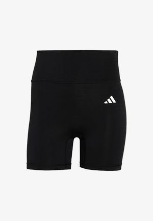 Crne sportske kratke hlače od glatkog, rastezljivog materijala s visokim strukom. Na lijevoj strani nalazi se mali bijeli logo.