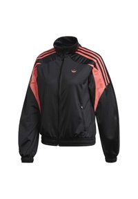 Svart och rosa träningsjacka med hög krage, dragkedjestängning, elastiska manschetter och nederkant, med tre rosa ränder på varje axel.