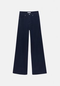 Pantalons en velours côtelé larges bleu marine, à la texture lisse, avec poches avant et fermeture à bouton unique au niveau de la taille.
