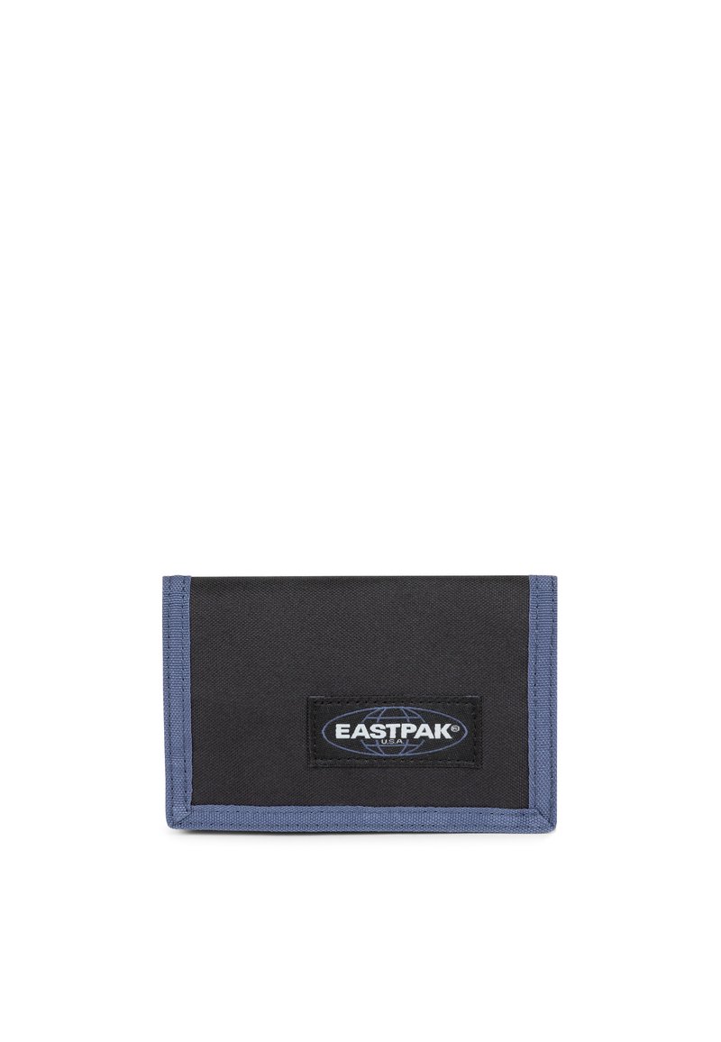 Portafoglio in tessuto nero con bordi azzurri chiari, dotato di un logo Eastpak ricamato sul davanti. Design compatto con materiale resistente.
