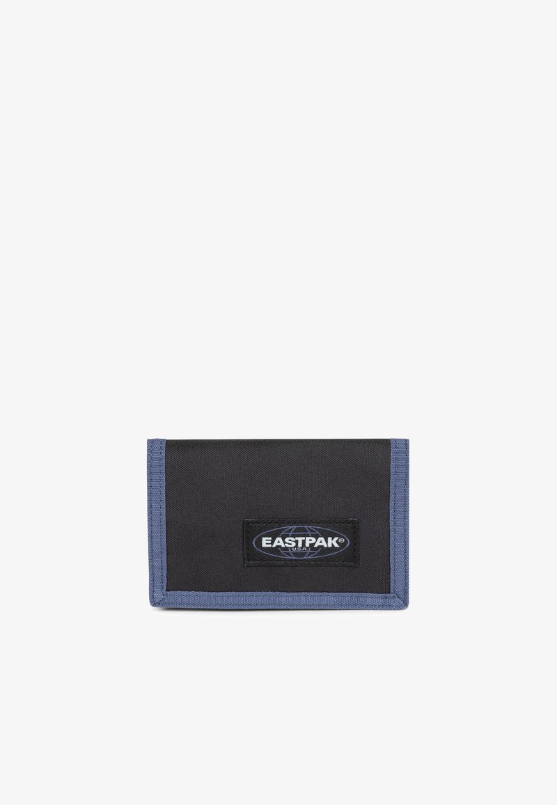 Portafoglio in tessuto nero con bordi azzurri chiari, dotato di un logo Eastpak ricamato sul davanti. Design compatto con materiale resistente.