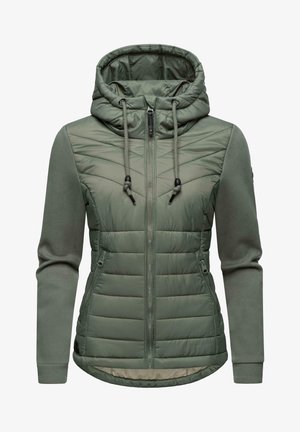 Padded green jacket with a hood, featuring a zip front, chevron stitching on the chest, and ribbed cuffs. Soft texture with contrasting fabrics.