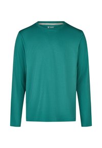 T-shirt à manches longues teal avec un design simple et uni et une petite étiquette "HAPPY" à l'intérieur du col.