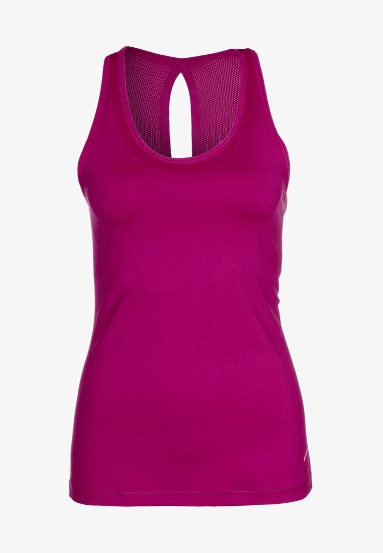 Fuchsia athletic tank top with a scoop neckline and a mesh back design. The fabric appears smooth and stretchy. Features clean stitching.