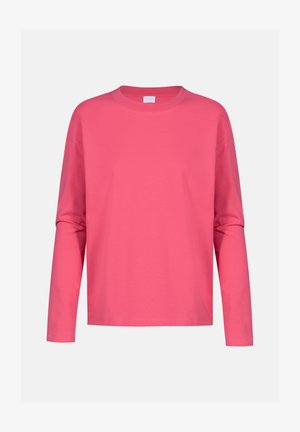 T-shirt à manches longues en coton rose vif, avec un col rond et une coupe décontractée. Texture lisse avec des détails de couture minimes.