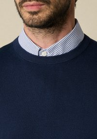 Marineblauer Pullover mit rundem Ausschnitt, über einem weißen und blauen gestreiften Hemd mit Kragen getragen. Der Stoff wirkt glatt; die Knöpfe sind am Kragen sichtbar.