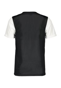 Schwarzes Mesh-Sportshirt mit weißen kurzen Ärmeln. Es zeichnet sich durch ein atmungsaktives Design und eine glatte Textur aus, die sich für sportliche Aktivitäten eignet.