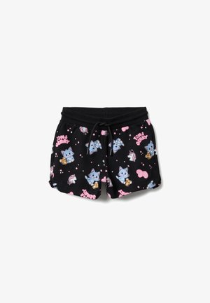 Pantaloncini neri in tessuto morbido, con motivi colorati di cartoni animati raffiguranti gatti, orsetti e cuori. Dotati di una cintura elastica con coulisse.