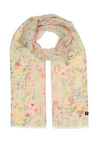 Lightweight scarf in soft, sheer fabric with a pastel floral pattern featuring pink, yellow, and green hues, finished with fringed edges.