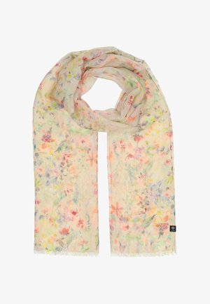Lightweight scarf in soft, sheer fabric with a pastel floral pattern featuring pink, yellow, and green hues, finished with fringed edges.