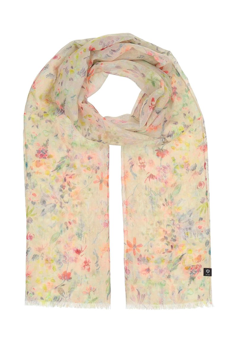 Lightweight scarf in soft, sheer fabric with a pastel floral pattern featuring pink, yellow, and green hues, finished with fringed edges.