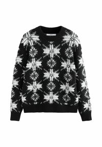 Pull en tricot noir avec un motif de flocon de neige blanc, col rond, et poignets et ourlet côtelés. Texture douce, coupe décontractée.