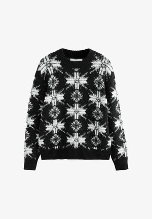 Svart stickad tröja med ett snöflinge-mönster i vitt, rund hals och ribbade muddar och nederkant. Mjuk textur, avslappnad passform.