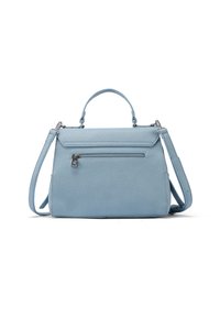 Borsa a mano in pelle blu chiaro con finitura testurizzata, manici doppi, tracolla staccabile, tasca frontale con zip e dettagli in metallo argentato.