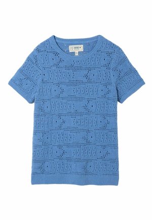 Kortærmet blå strikket sweater med hulmønster af fiskemønstre, ribstrikket halsudskæring, manchetter og kant, mærket FatFace.