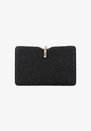 Musta suorakaiteen muotoinen clutch-laukku, joka on päällystetty pienillä mustilla helmillä ja joissa on kullanvärinen lukko, jossa on neljä mustaa kiveä.