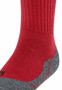 Czerwona, dziana skarpeta z prążkowanym wzorem, szarym wzmocnieniem pięty i palca, z czarnym logo. Materiał wygląda na gruby i trwały.