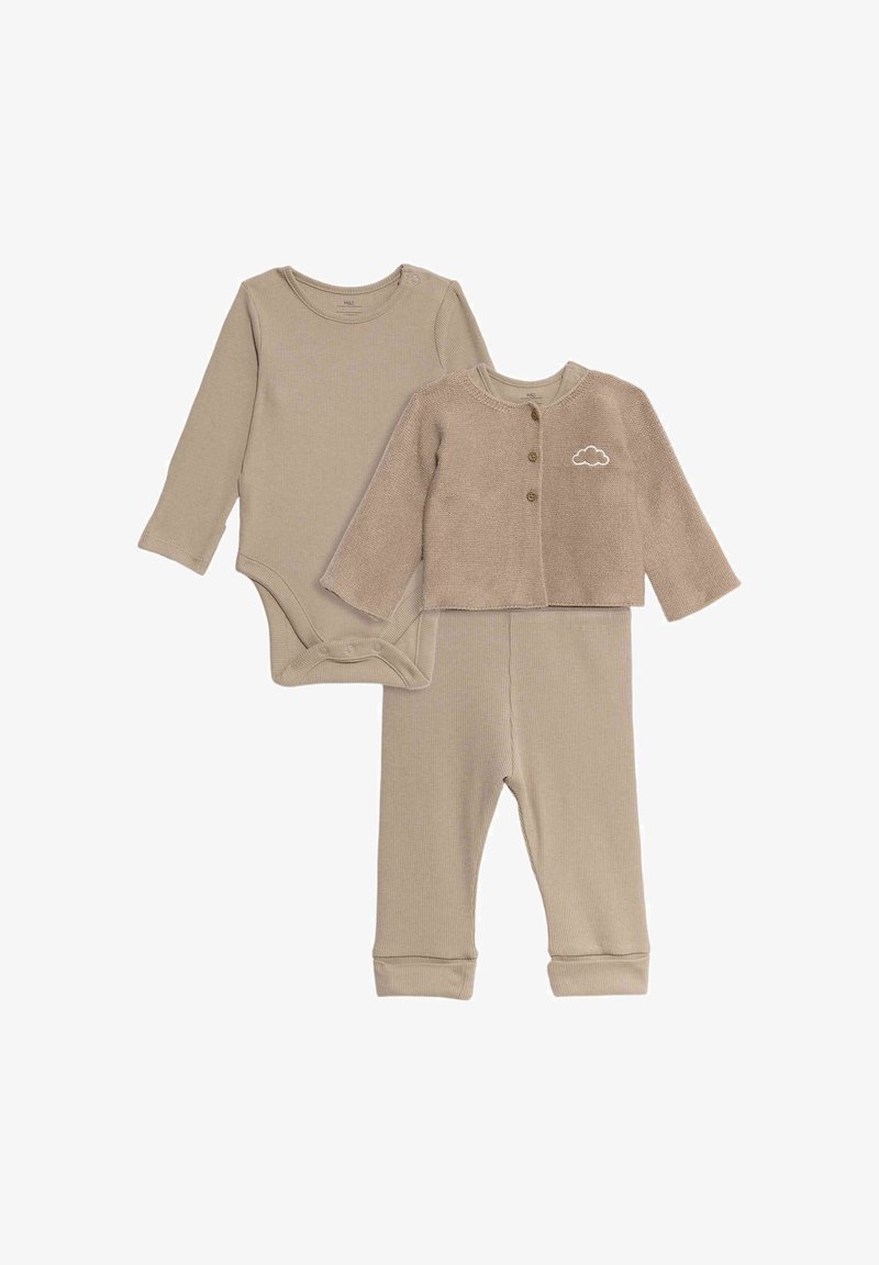 Two-piece infant outfit in beige, including a ribbed bodysuit, a cropped button-up cardigan with cloud embroidery, and matching pants.