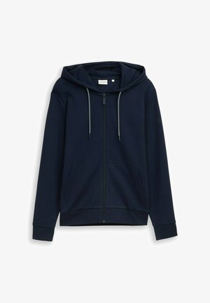 Hanorac bleumarin cu fermoar, mâneci lungi, două buzunare frontale, glugă cu șnururi negre și albe, mâneci și tiv cu striații.