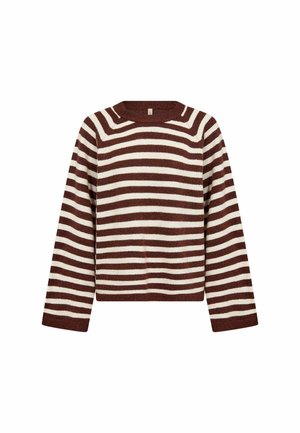Pulover cu mâneci lungi, dungi orizontale maro și albe, cu decolteu rotund și manșete și tiv reiate.